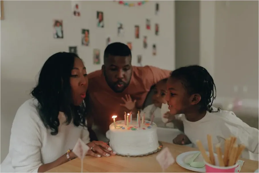 Detail Family Blowing Candles Birthday Cake Close Up Number 3