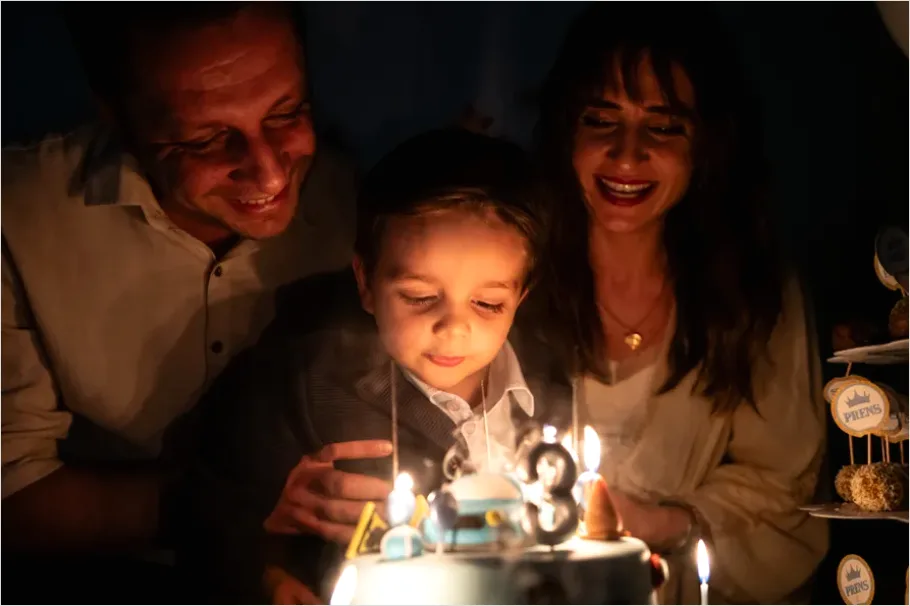 Detail Family Blowing Candles Birthday Cake Close Up Number 4