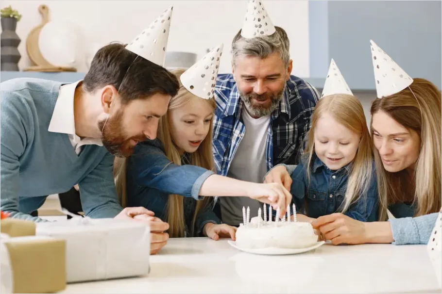 Detail Family Blowing Candles Birthday Cake Close Up Number 7
