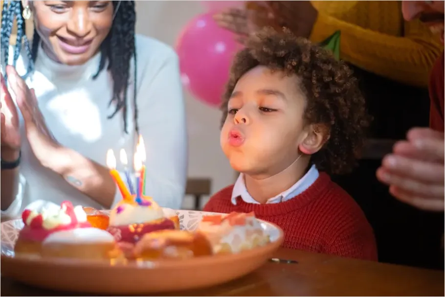 Detail Family Blowing Candles Birthday Cake Close Up Number 9
