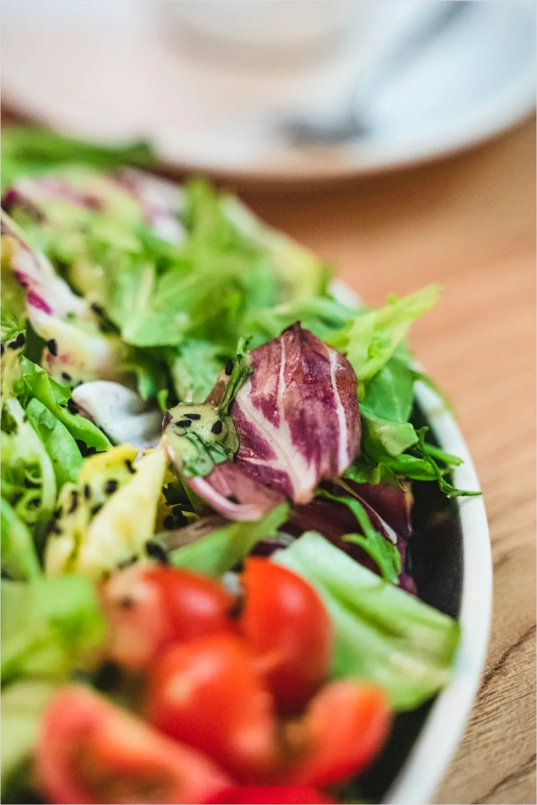 Detail Fresh Salad Bowl Wooden Table Overhead Number 2