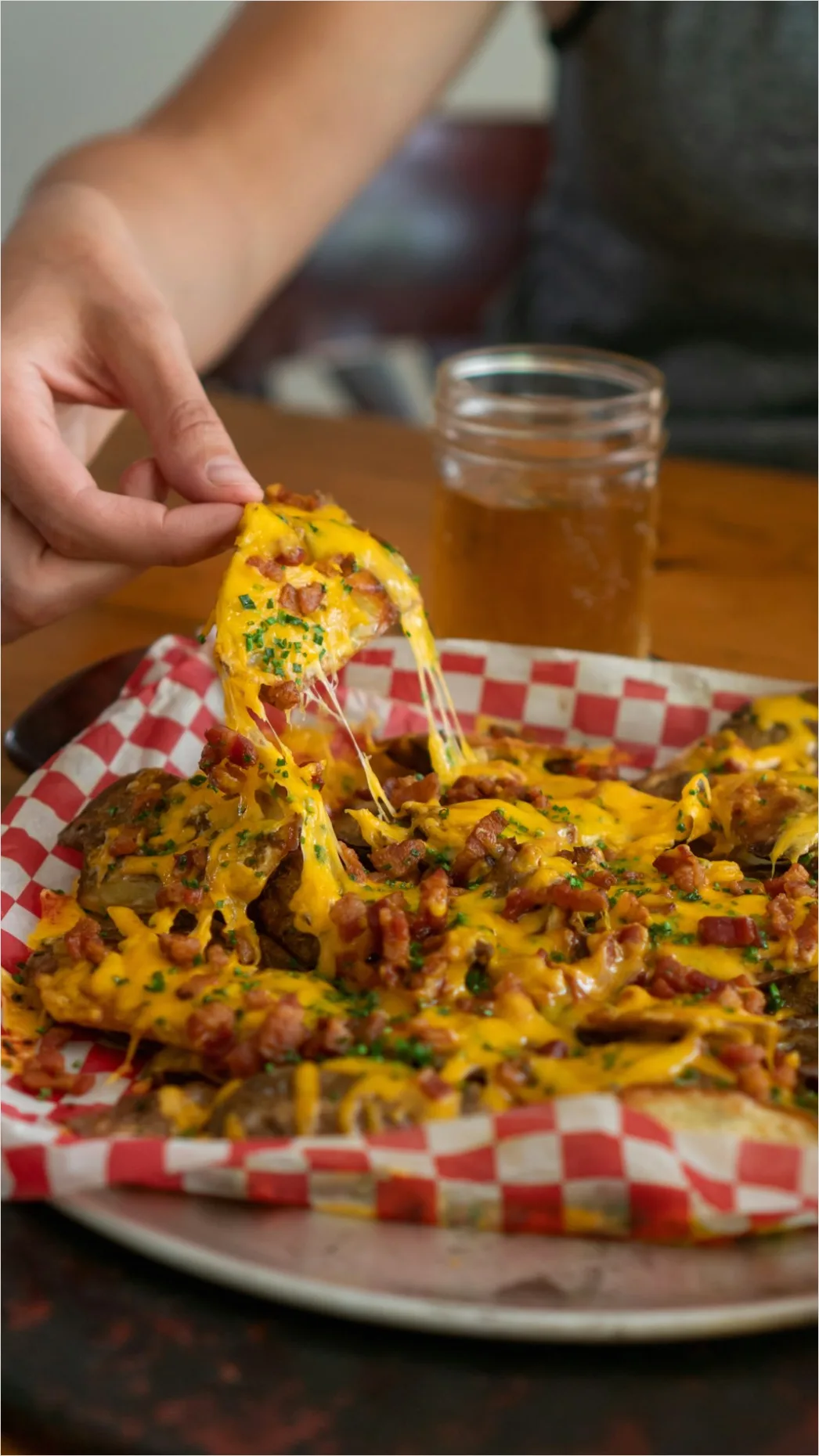 Game Day Nachos Cheese Pull Close Up Ba49