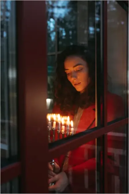 Detail Hanukkah Menorah Candles Glowing Window Number 14