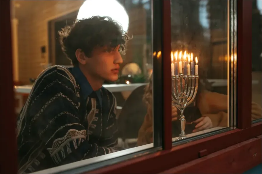 Detail Hanukkah Menorah Candles Glowing Window Number 15