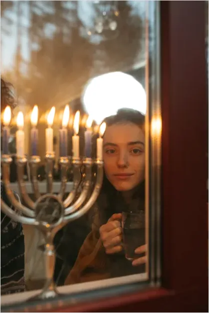 Detail Hanukkah Menorah Candles Glowing Window Number 3