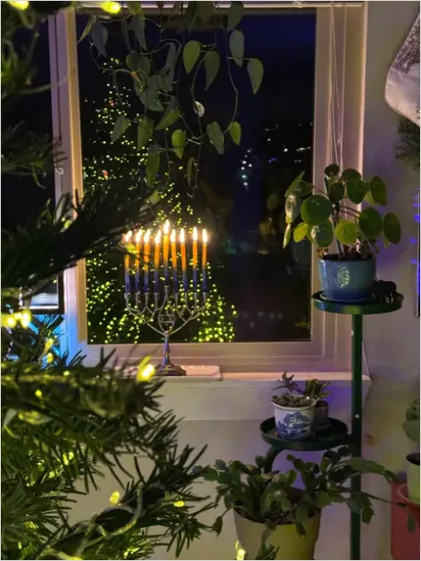 Detail Hanukkah Menorah Candles Glowing Window Number 4
