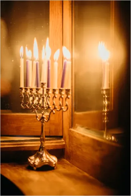 Detail Hanukkah Menorah Candles Glowing Window Number 6