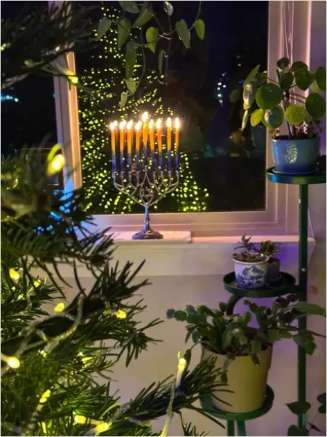 Detail Hanukkah Menorah Candles Glowing Window Number 7