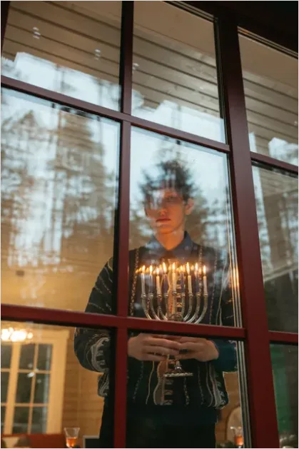Detail Hanukkah Menorah Candles Glowing Window Number 9