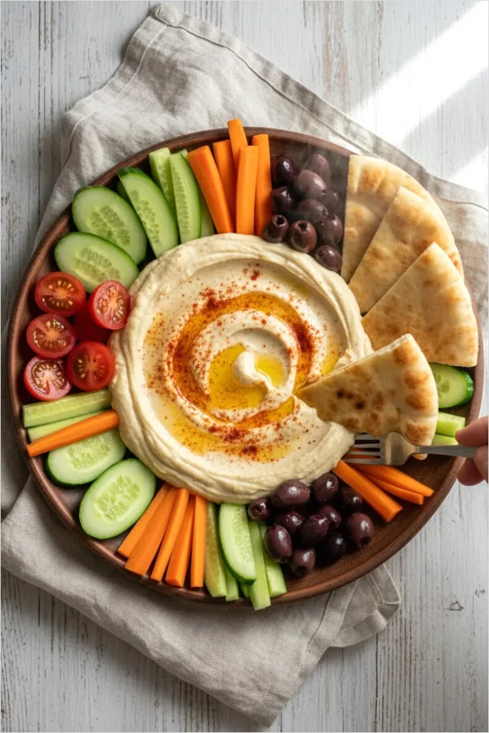 Detail Hummus Plate Pita Veggies Top View Number 5