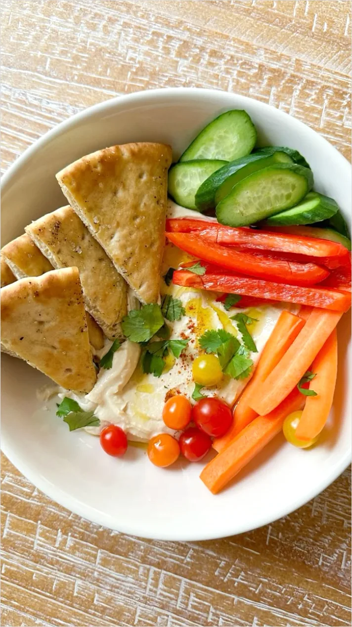 Detail Hummus Plate Pita Veggies Top View Number 6