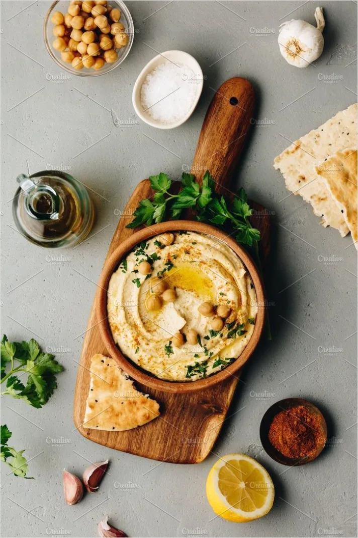 Detail Hummus Plate Pita Veggies Top View Number 9