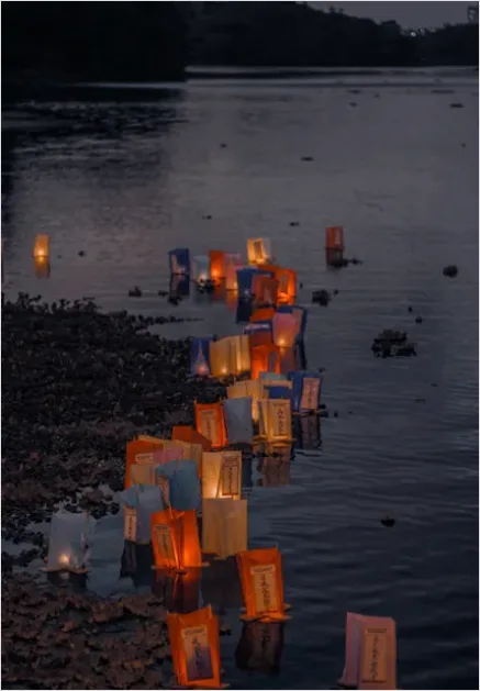 Detail Obon Lanterns River Night Reflection Number 3
