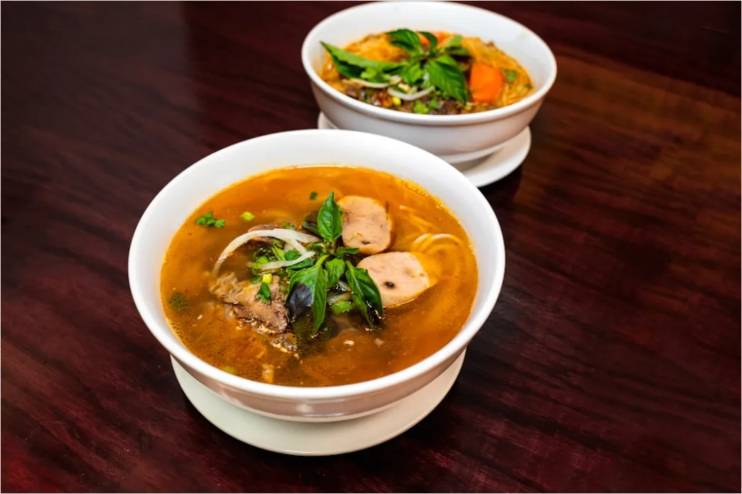 Detail Pho Soup Bowl Fresh Herbs Garnish Number 12