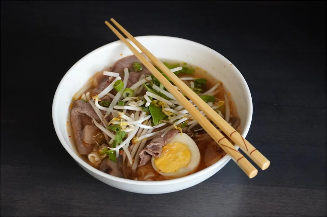 Detail Pho Soup Bowl Fresh Herbs Garnish Number 13