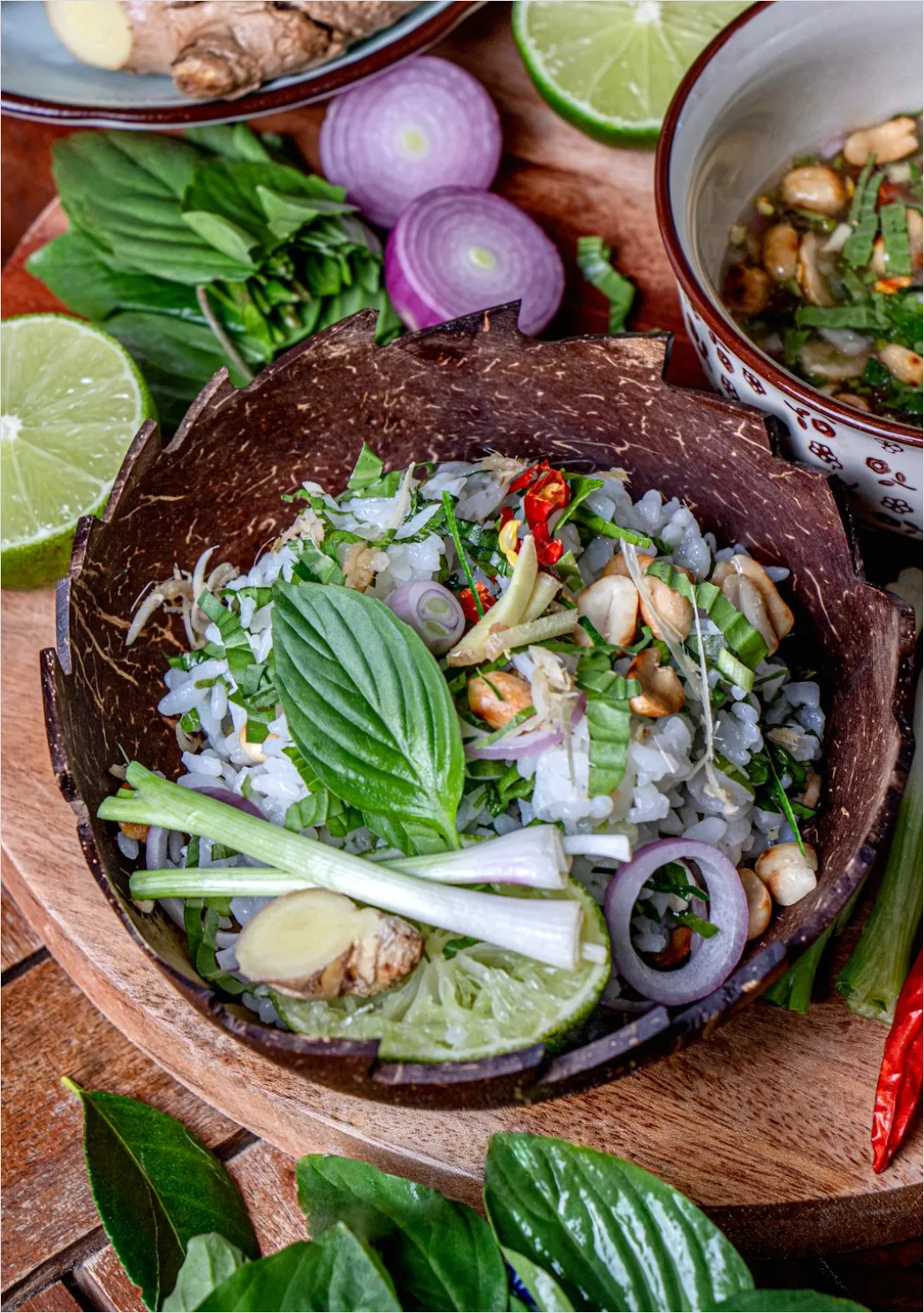 Detail Pho Soup Bowl Fresh Herbs Garnish Number 14