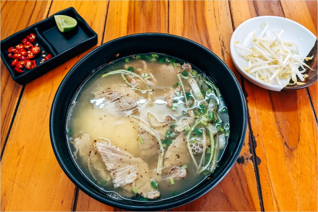 Detail Pho Soup Bowl Fresh Herbs Garnish Number 4