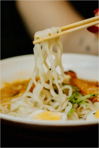 Ramen Bowl Chopsticks Noodle Lift Close Up 1970