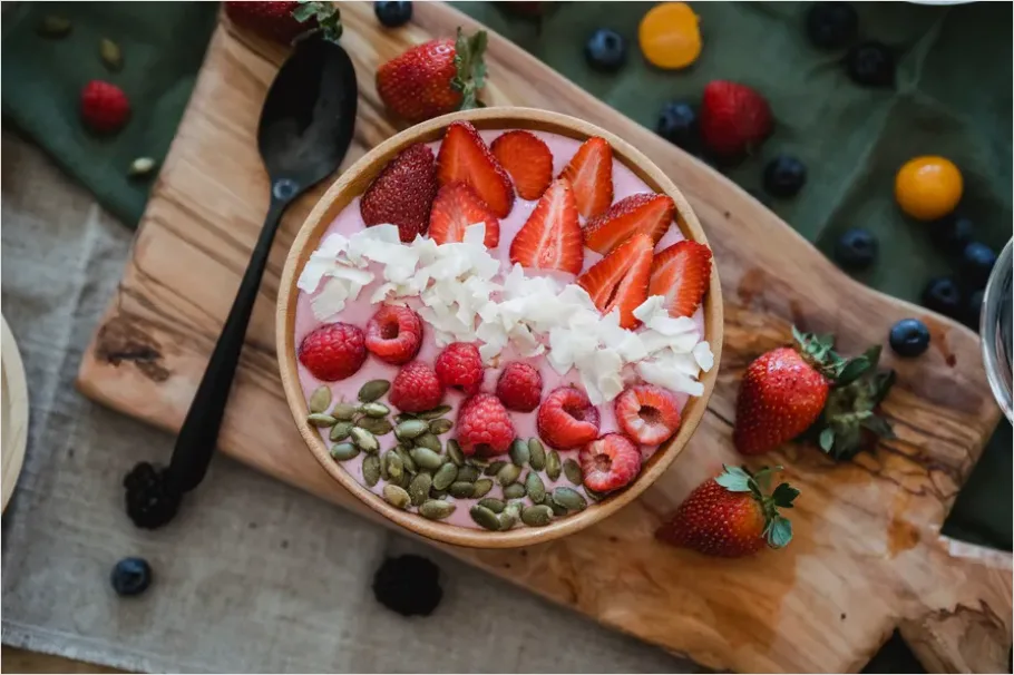 Detail Smoothie Bowl Colorful Toppings Overhead View Number 16