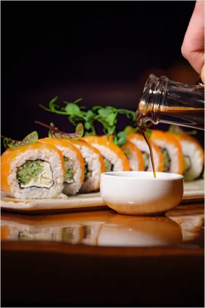 Detail Sushi Rolls On Plate Soy Sauce Number 11