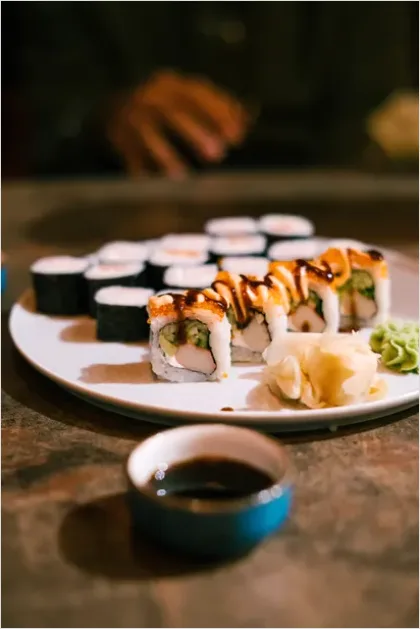 Detail Sushi Rolls On Plate Soy Sauce Number 15