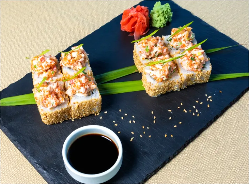 Detail Sushi Rolls On Plate Soy Sauce Number 6