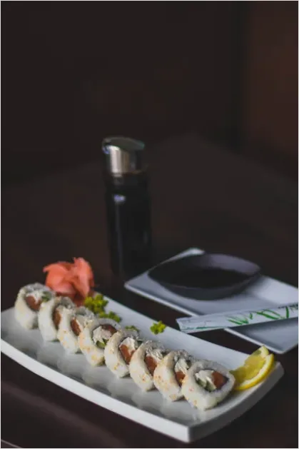 Detail Sushi Rolls On Plate Soy Sauce Number 8