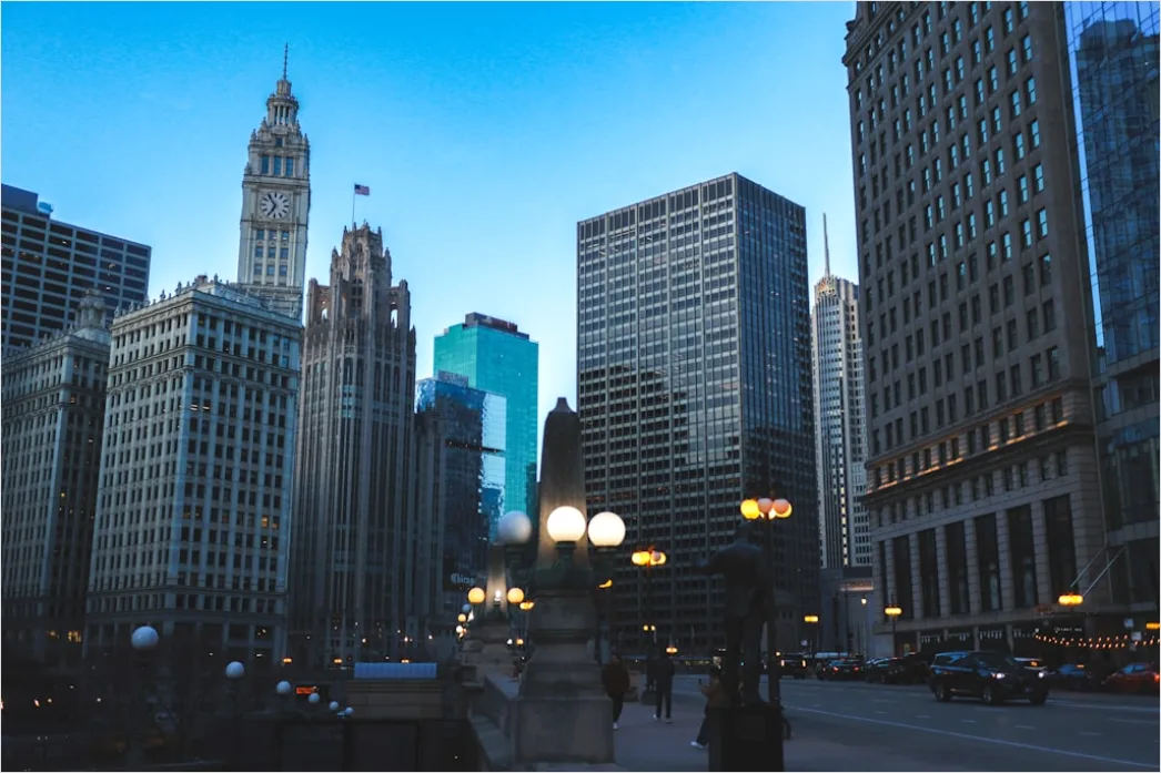 Detail Chicago Skyline Riverwalk Dusk View Number 2