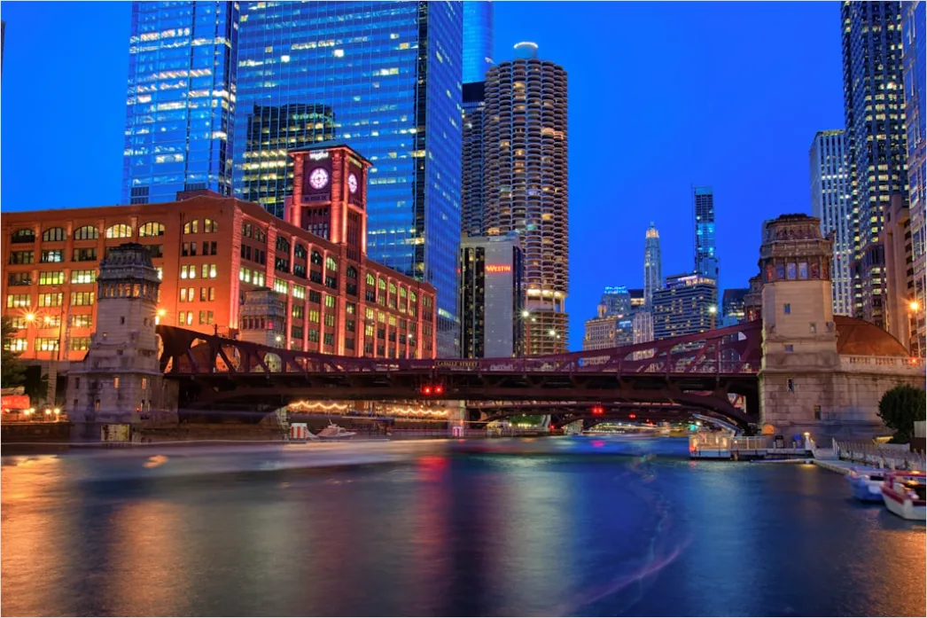 Detail Chicago Skyline Riverwalk Dusk View Number 3