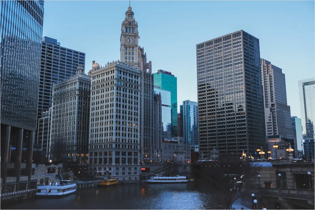 Detail Chicago Skyline Riverwalk Dusk View Number 4