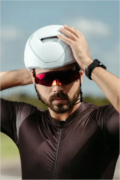 Detail Cyclist Wearing Helmet Portrait Outdoors Number 13