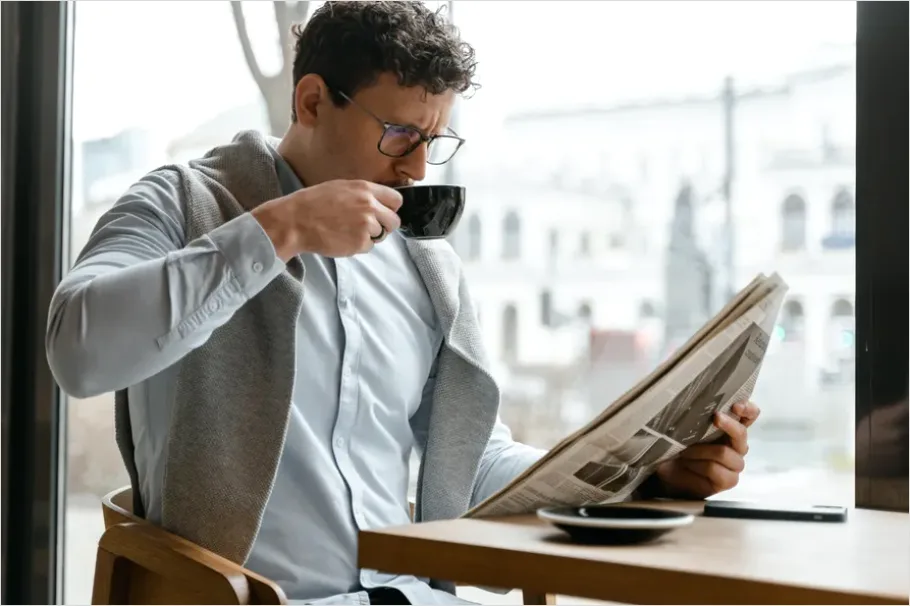 Detail Man Reading Newspaper Morning Coffee Number 15