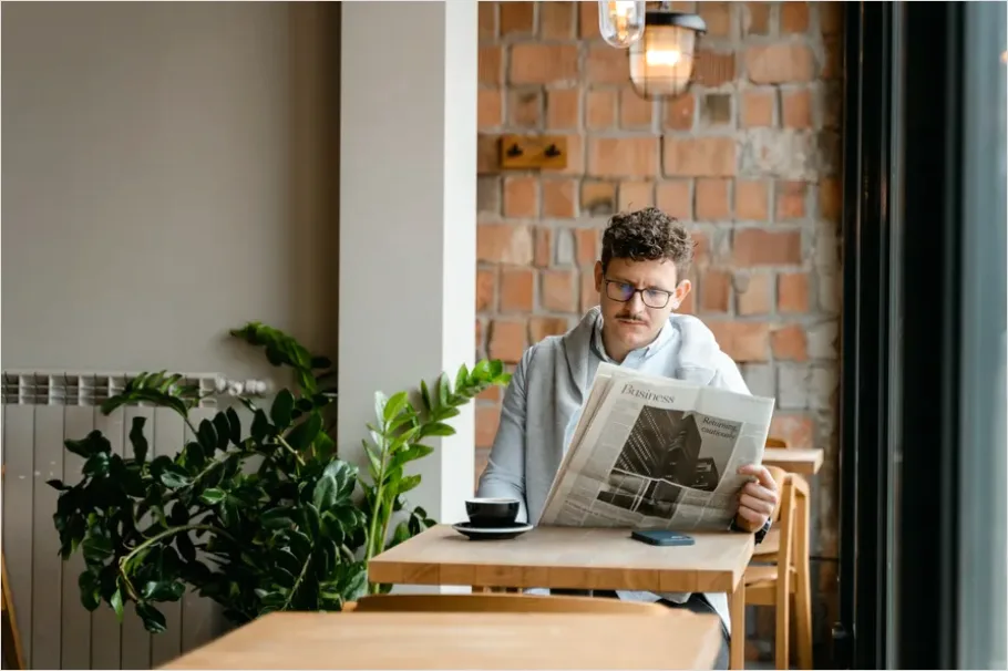 Detail Man Reading Newspaper Morning Coffee Number 3