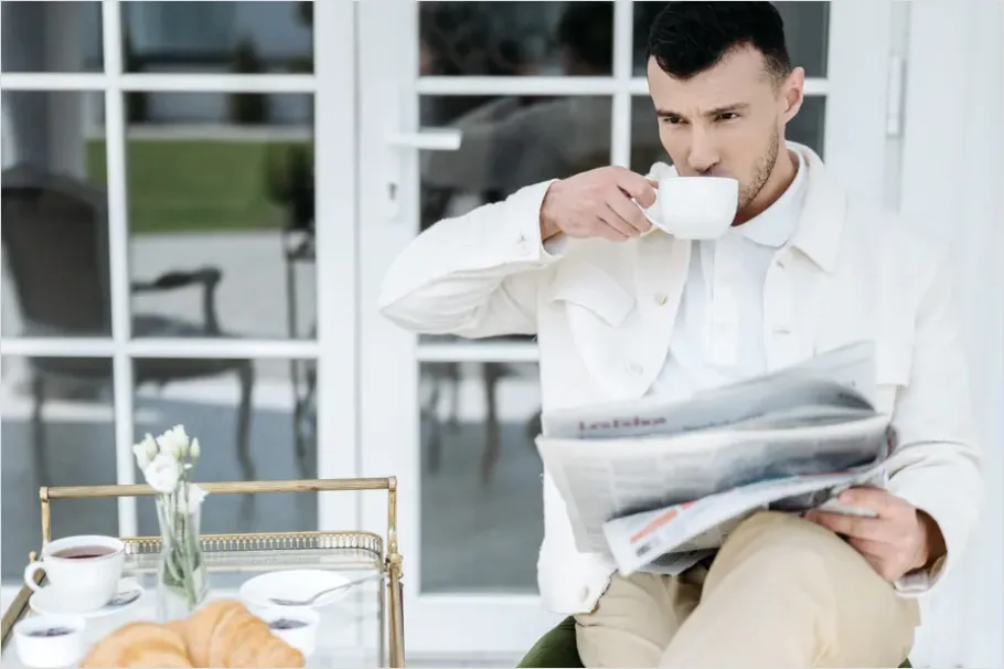 Detail Man Reading Newspaper Morning Coffee Number 5