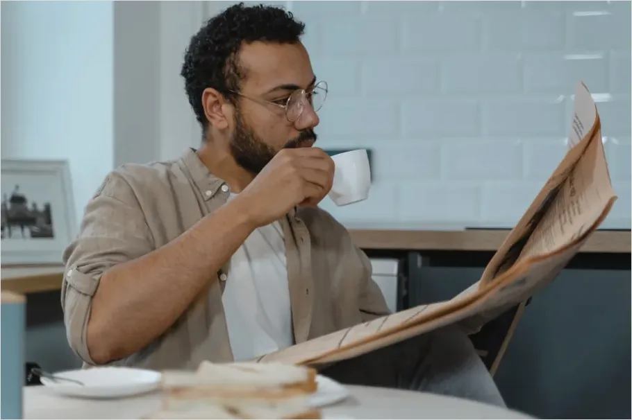 Detail Man Reading Newspaper Morning Coffee Number 6
