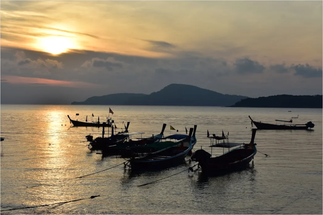 Detail Phuket Beach Longtail Boat Sunrise Number 2